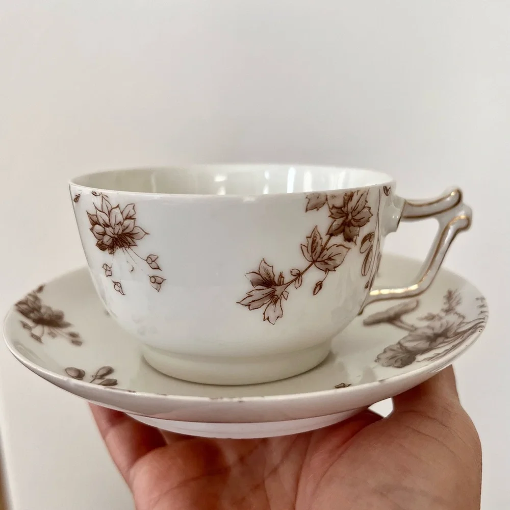 Antique T&V France Limoges Hand Painted Tea Cup & Saucer Protruded Brown Flowers